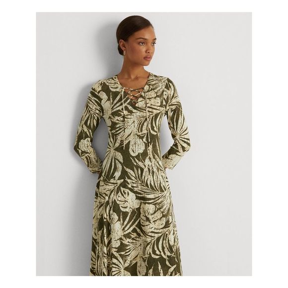 RALPH LAUREN Womens Green Printed 3/4 Sleeve V Neck Midi Fit + Flare Dress 8 - Picture 3 of 4